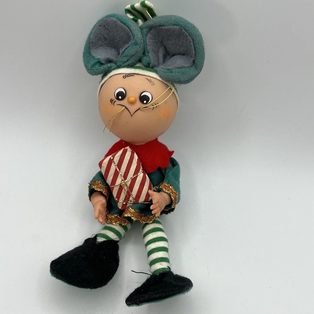 Large Vtg Christmas Felt Mouse Elf Pixie Ornament 8" Japan Stripes Gift Posable